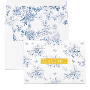 25 Count 4”x6” Blue and White Floral Designed Thank You Cards with Envelopes